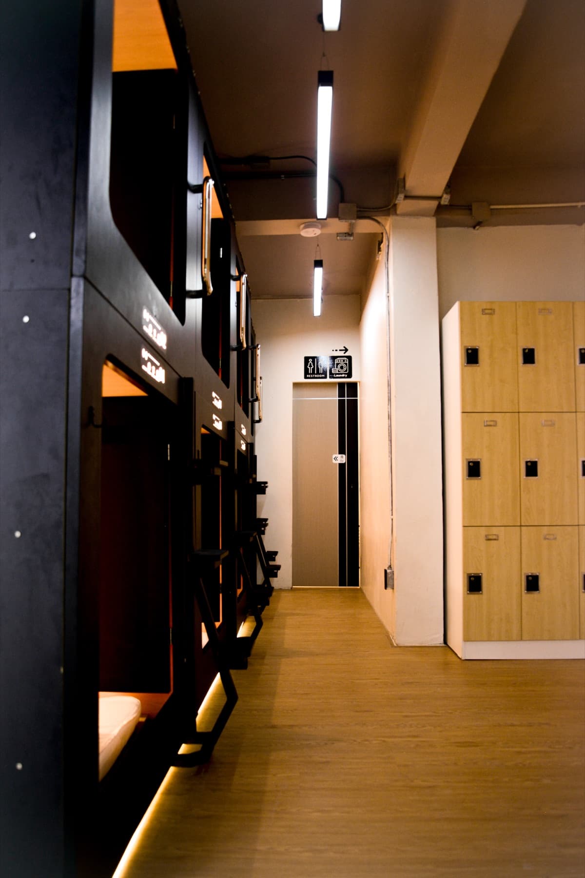 Capsule corridor with lockers, wide angle view