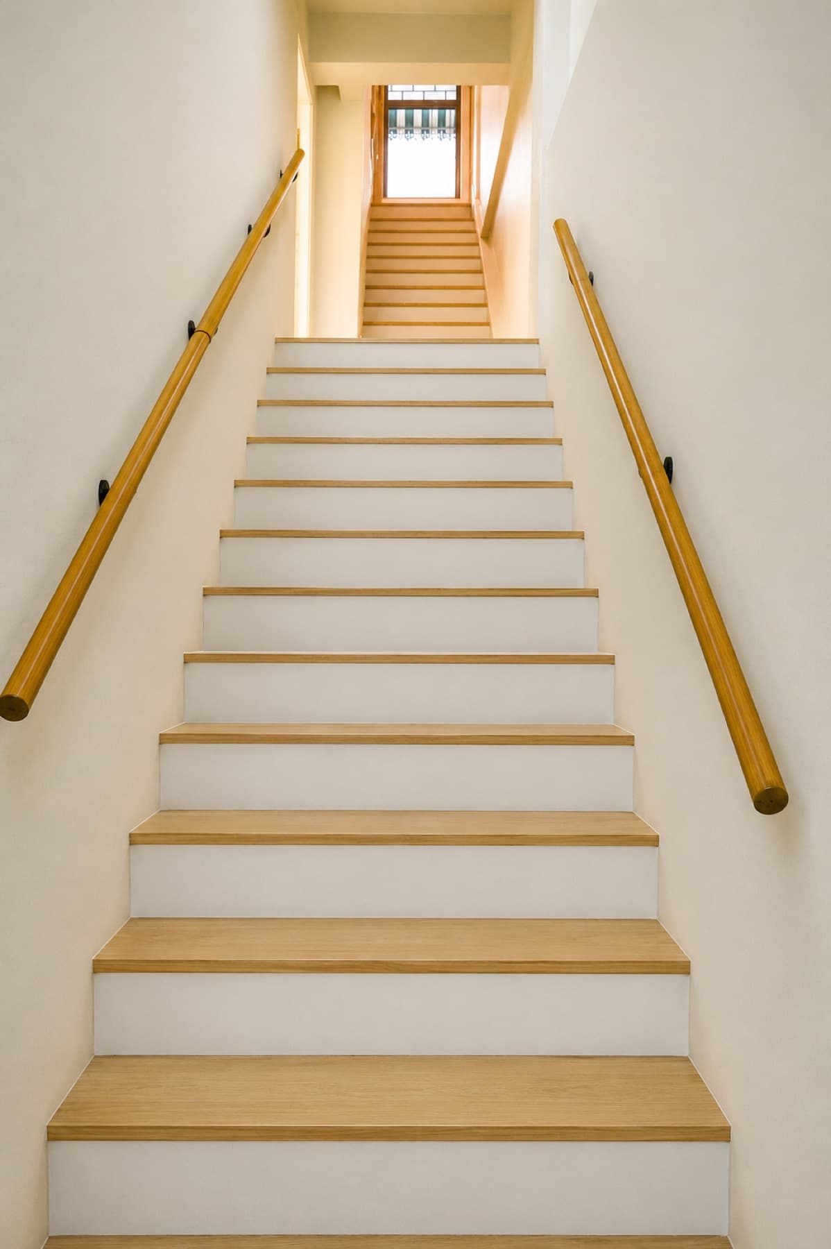 Warm wood staircase leading up to the capsule floor